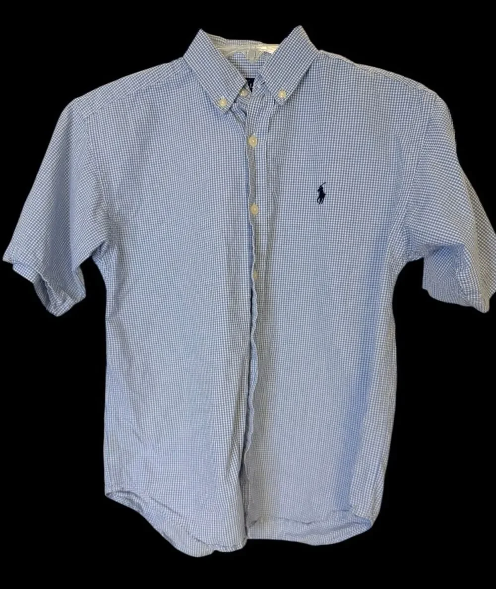 Ralph Lauren Boys Blue/White Gingham Check Button Down Shirt Medium Iconic Pony
